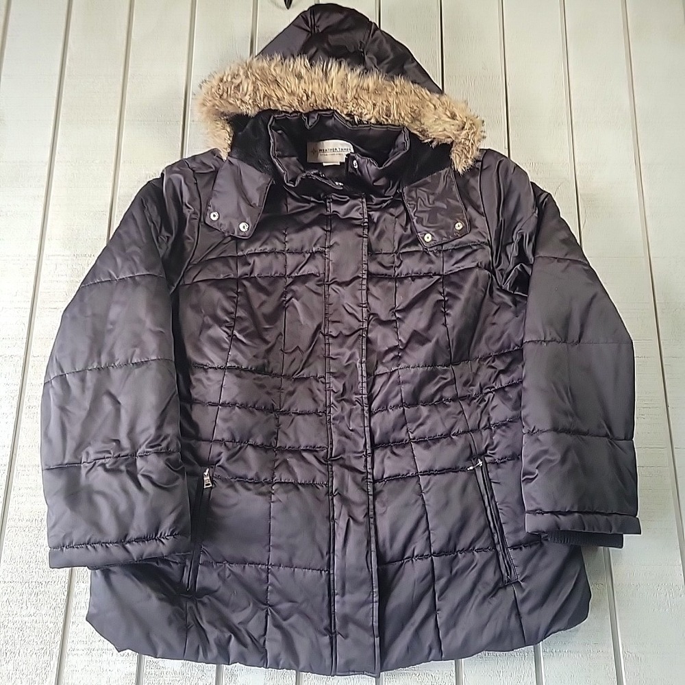 VTG Weather Tamer Puffer Jacket Women's 2X Zip Black Hooded Down Faux Fur - 2XL - Picture 3 of 10